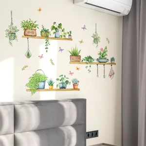 Watercolor green plants and butterfly wall stickers for living room interior decor