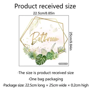 Self-adhesive floral bathroom wall sticker with golden hexagon and tropical leaves decor