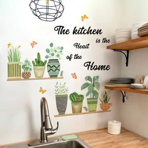 Kitchen wall decal featuring potted green plants and Heart of the Home English quote