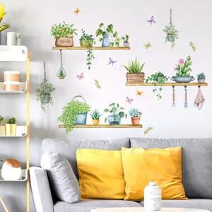Watercolour hanging plants and butterfly wall stickers for living room home decoration