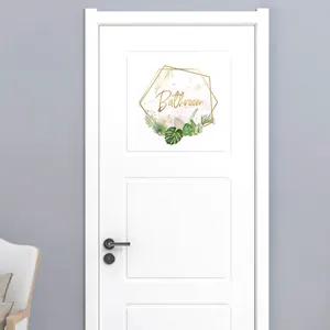 Tropical leaf bathroom door sticker with gold geometric frame and artistic text