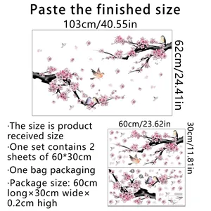 Peach blossom and cartoon bird wall sticker set with 103x62cm final display dimensions