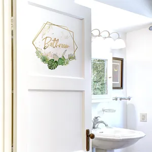 Modern Tropical Bathroom Door Sticker Self Adhesive PVC Wall Decal With Gold Geometric Frame Monstera Leaf Decorative Sign
