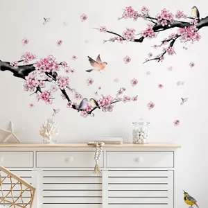 Ink style peach blossom wall sticker with pink flowers and colorful birds for home decor