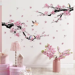 Pink cherry blossom wall stickers with birds for living room home wall decor