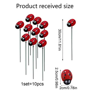Set of 10 red ladybug garden stakes for lawn decoration, 30cm metal rods for outdoor art