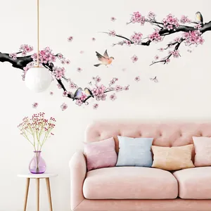 Peach Blossom Branches And Birds Wall Sticker Chinese Ink Style Self Adhesive PVC Mural For Living Room Bedroom Home Decor