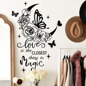 Detailed wall sticker featuring a floral moon, butterflies and motivational magic quote