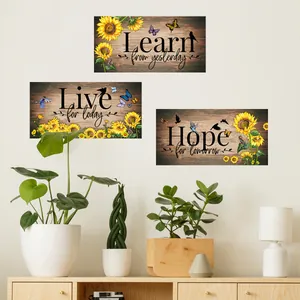 Three-piece sunflower wall art set with inspirational quotes, butterflies, and songbirds