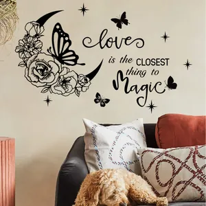 Black Moon Flower Butterfly Wall Sticker Love Is The Closest Thing To Magic Quote PVC Waterproof Removable Home Bedroom Mural Decor