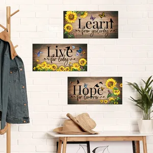 Three-piece rustic wooden wall plaques with sunflowers and inspirational quotes for home decor