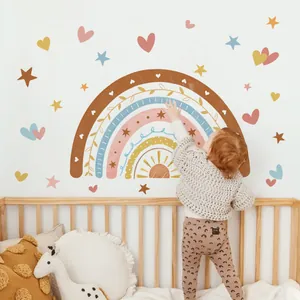 Bohemian Rainbow Wall Sticker For Kids Room PVC Self Adhesive Nursery Decor With Hearts Stars Earth Tones Morandi Wall Decal