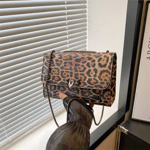 Women Cow Leopard Print Shoulder Bag PU Leather Metal Chain Strap Small Square Bag Retro Underarm Crossbody Handbag Jewelry