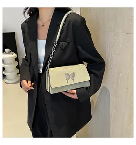 Detail shot of a light green small square bag featuring a metallic butterfly clasp