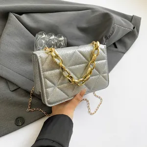 Bolso Cuadrado Pequeño para Mujer Moda Brillante Purpurina Acolchado Cadena de Metal Dorado Bolso de Hombro Cruzado Bolso de Mano de Fiesta