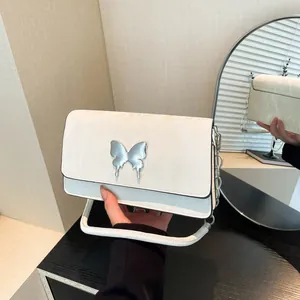 French Style Fashion Bow Underarm Bag For Women Pleated PU Leather Chain Shoulder Bag Metal Butterfly Small Square Bag
