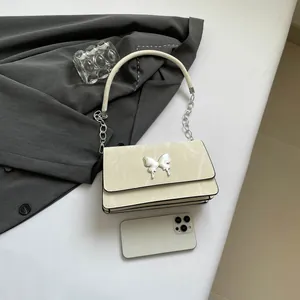Minimalist marble pattern baguette bag with silver butterfly buckle and chain strap for women