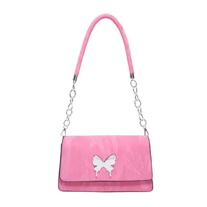 French chic pink bow shoulder bag with glossy pleated fabric and silver chain strap