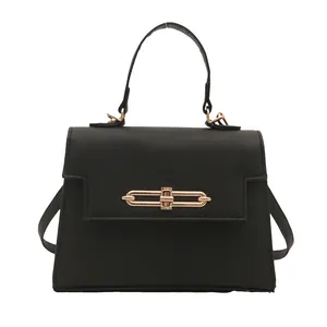 Sac à main trapèze élégant en cuir PU noir à motif litchi avec fermoir en métal doré