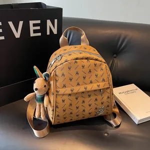 Women Fashion PU Leather Monogram Backpack With Rabbit Plush Pendant Casual Harajuku Style Rucksack For Daily Travel