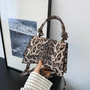 Vintage Leopard Print Hourglass Shoulder Bag Women PU Leather Knotted Handle Crossbody Handbag Fashion Flap Square Bag