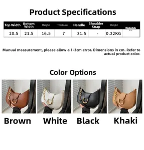 Size guide for PU leather dumpling bag with dimensions, weight and colors displayed