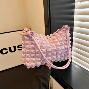 Light purple bubble textured shoulder bag with chic pleated fabric and golden rings