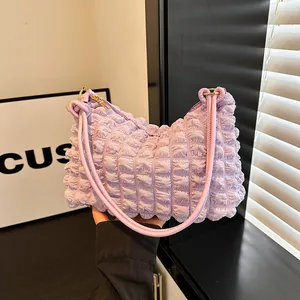 Lavender bubble textured shoulder bag for women with chic pleated fabric and gold hardware