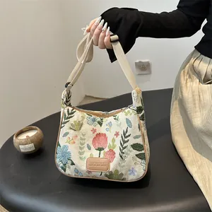 Women Floral Embroidery Canvas Shoulder Bag Retro Jacquard Underarm Bag Casual Crossbody Handbag For Daily Commuting