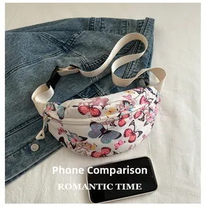 Sac banane en toile imprimé papillon compact avec smartphone pour comparer la taille