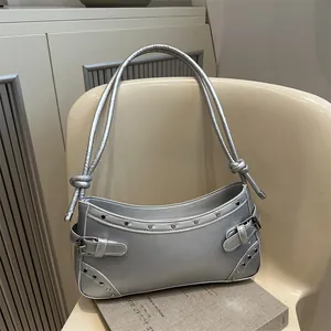 Women Rivet Underarm Bag PU Leather Crescent Hobo Bag With Metal Buckles Solid Color Shoulder Handbag For Daily Fashion