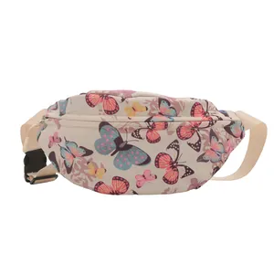 Grand sac banane à imprimé papillons en tissu crème avec sangle réglable