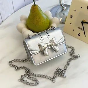 Mini Bowknot Crossbody Bag For Women PU Leather Silver Chain Strap Square Small Purse Elegant Party Street Fashion Bag