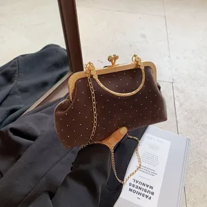 Vintage Velvet Evening Bag With Polka Dot Rhinestone Gold Metal Handle Chain Crossbody Handbag For Women Banquet Party Gift