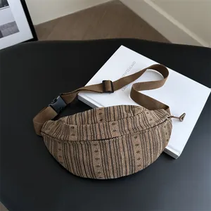 Borsa a Tracolla in Nylon a Righe da Donna Marsupio da Petto Urbano Minimalista Casual Viaggio Borsa a Spalla Marrone Bianco