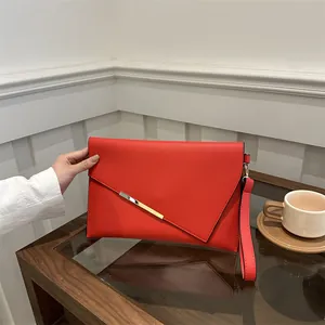 Fashion PU Leather Envelope Clutch Bag For Women Minimalist Gold Metal Strip Wristlet Handbag Evening Party Wedding Daily Square Wallet