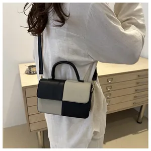 Dettaglio della piccola borsa quadrata bicolore con manico rotondo e fibbie dorate