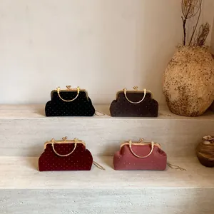 Elegant velvet evening clutch with sparkling rhinestones and metal handle in four colors