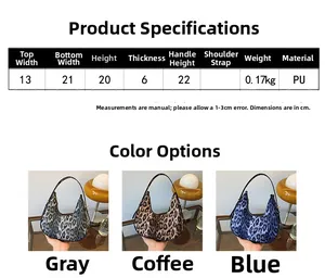 Tableau des tailles pour sac croissant léopard en PU montrant dimensions et coloris