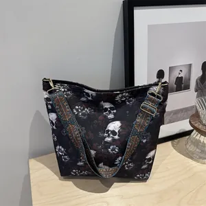 Vintage Gothic Skull Floral Print Tote Bag Large Capacity Nylon Shoulder Bag With Wide Strap Fashion Women Satchel
