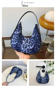 Sac hobo bleu à imprimé léopard avec détails dorés et fermeture éclair fluide
