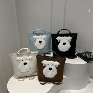 Chic tote bags with plush dog patch in light blue, black, cream, and brown colors