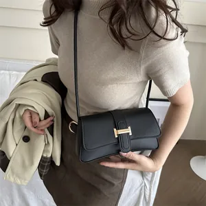 French style contrast color leather baguette bag with golden H buckle for women