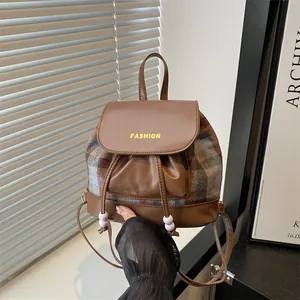 Women's Fashion Mini Backpack PU Leather Plaid Patchwork Crossbody Bag Drawstring Bucket Bag With Fashion Letter Print