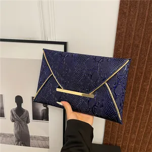 Women Snake Embossed PU Leather Envelope Clutch Bag With Gold Metal Trim Retro Minimalist Evening Party Handbag For Banquet