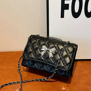 Women Fashion Quilted Square Bag With Metal Bowknot Elegant PU Leather Chain Shoulder Crossbody Bag For Daily Commuting Office