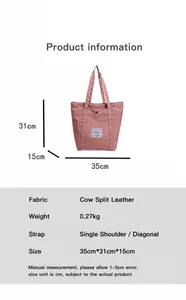 Tabla de tallas para bolso tote de nailon rosa con medidas 35x31x15cm y especificaciones