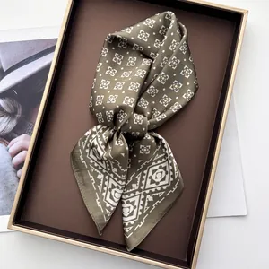 Close-up of olive green silk scarf with white geometric patterns in a premium gift box