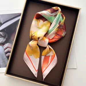 Artistic oil painting silk scarf with abstract orange and olive floral pattern in gift box