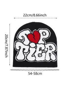 Größentabelle für schwarze Y2K Strickmütze mit Angaben zu Breite, Höhe und Kopfumfang